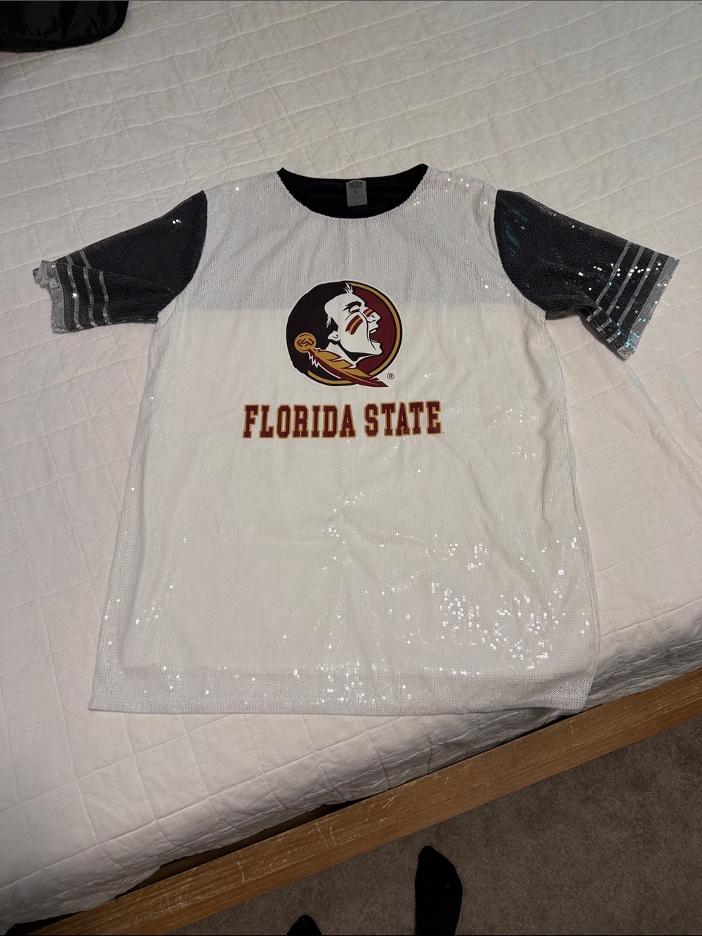 Florida State Sequin Spirit Tee dress - White with Black Sleeves.